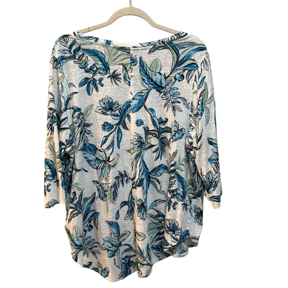 Tahari Top Womens 1X Blue Linen Floral Tunic V Neck 3/4 Sleeve Summer Casual - Picture 3 of 6